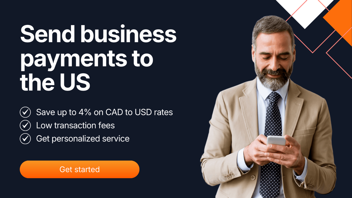 MTFX business payments banner showing a professional using mobile banking, with messaging on saving up to 4% on CAD to USD rates, low fees, and personalized service for sending payments to the US.