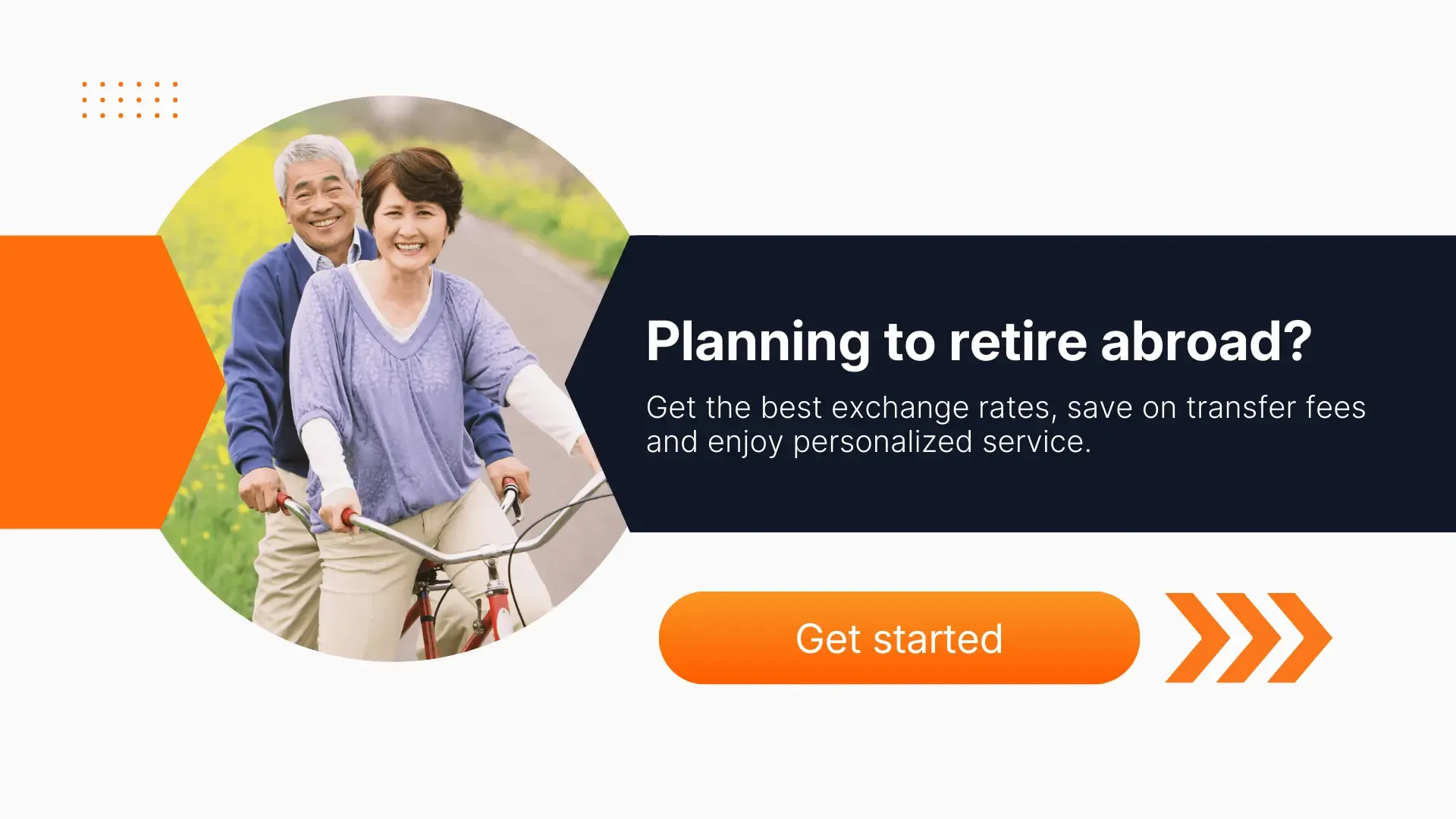 MTFX retirement abroad banner showing a couple on bicycles, promoting better exchange rates, reduced transfer fees, and personalized service for Canadians retiring overseas
