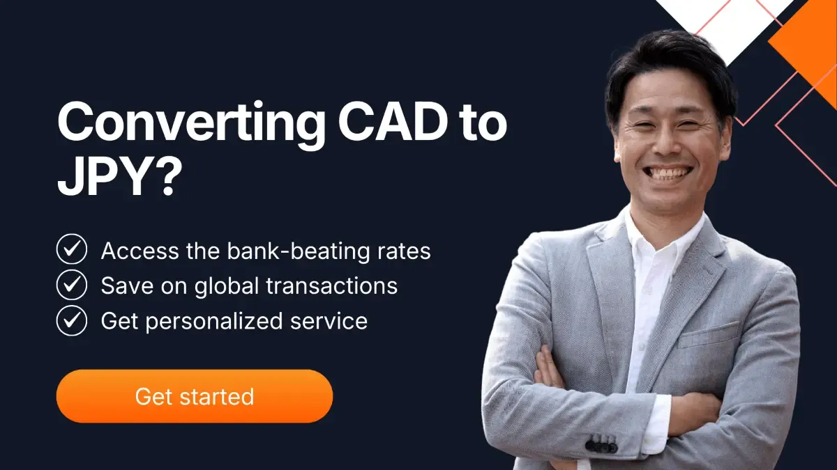Businessman smiling next to banner promoting CAD to JPY currency exchange with MTFX highlighting bank-beating rates, savings on global transactions, and personalized service.