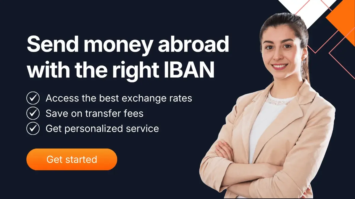 MTFX banner showing a smiling woman with text about sending money abroad using the correct IBAN, highlighting better exchange rates, lower fees, and personalized service.