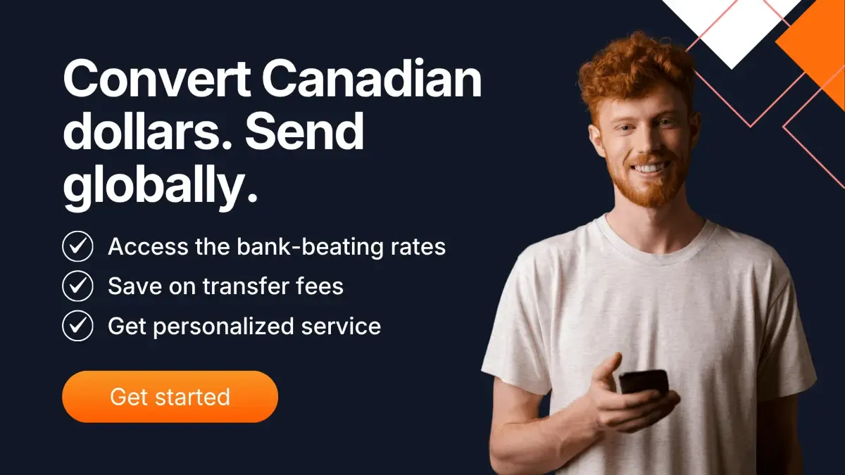 MTFX promotional banner featuring a smiling young man holding a phone. The text reads ‘Convert Canadian dollars. Send globally.’ with bullet points and button.