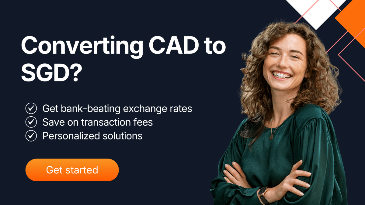 A smiling woman beside a promotional banner about converting CAD to SGD, emphasizing bank-beating exchange rates, lower transaction fees, and personalized currency transfer solutions with MTFX.