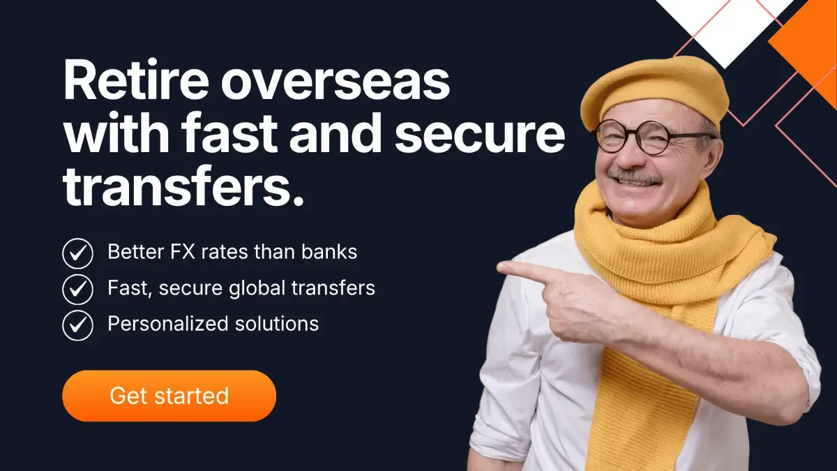 Banner featuring an older man pointing at text promoting retiring overseas with fast and secure money transfers, highlighting better FX rates and global transfer solutions.