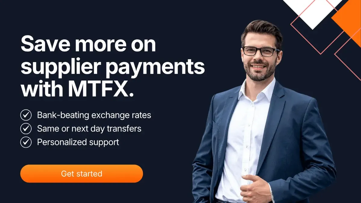 Banner featuring a smiling businessman with text ‘Save more on supplier payments with MTFX’ highlighting bank-beating rates, fast transfers, and personalized support.