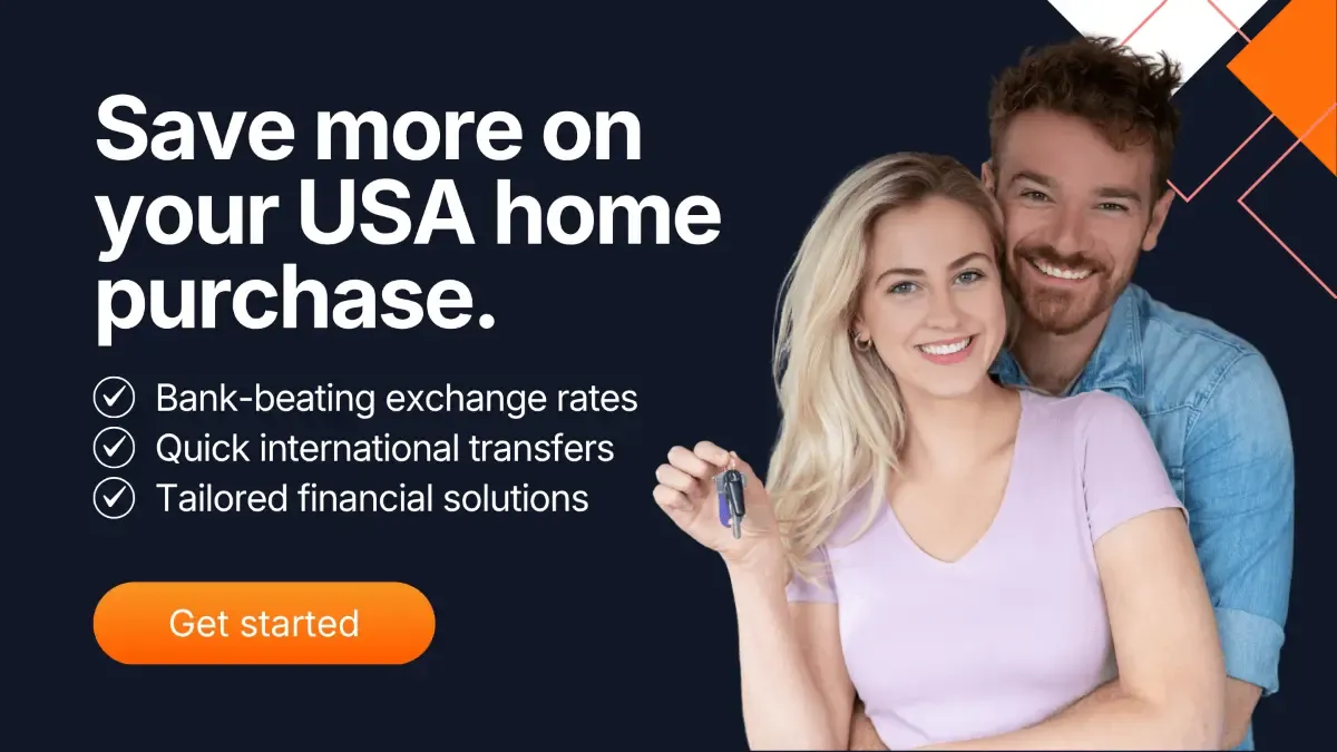 MTFX banner featuring a smiling Canadian couple holding house keys with the message ‘Save more on your USA home purchase’ and bullet points highlighting bank-beating exchange rates, quick international transfers, and tailored financial solutions, along with an orange ‘Get started’ button.