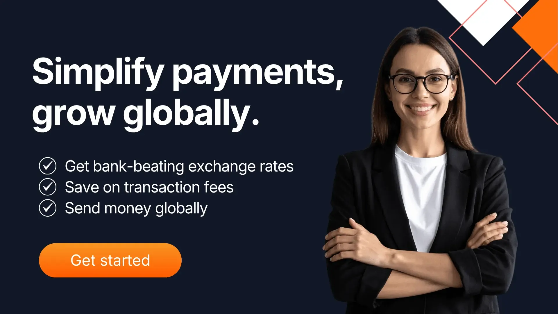 Banner with a smiling businesswoman beside the text , simplify payments, grow globally, highlighting MTFX benefits like bank-beating exchange rates, lower fees, and global money transfers, with an orange button.