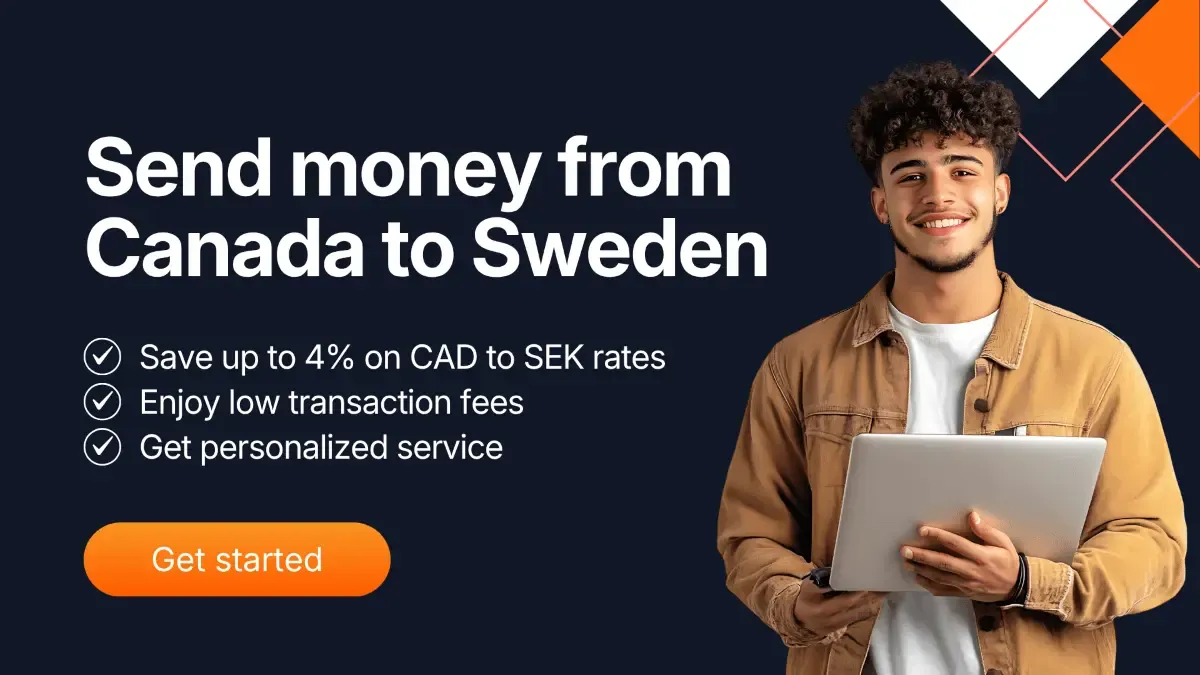 Visual banner featuring a smiling man holding a laptop with the text “Send money from Canada to Sweden” highlighting benefits like low fees and great CAD to SEK rates — encouraging users to start transfers with MTFX.