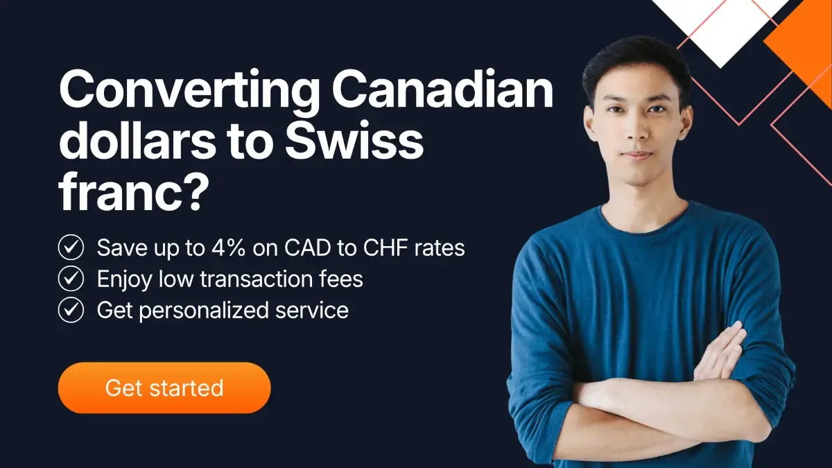 Converting Canadian dollars to Swiss franc banner showing a person standing beside text highlighting savings on CAD to CHF rates with MTFX.
