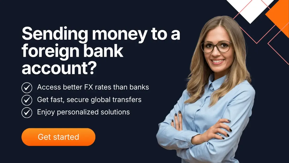 Business woman smiling beside promotional banner encouraging users to send money to a foreign bank account with MTFX, featuring benefits like better FX rates, fast secure global transfers, and personalized payment solutions.