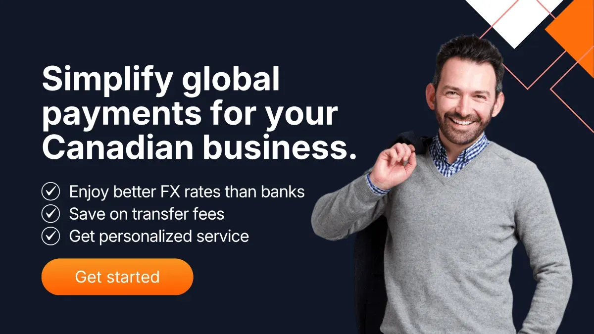Banner showing a businessman promoting simplified global payments for Canadian businesses with MTFX.