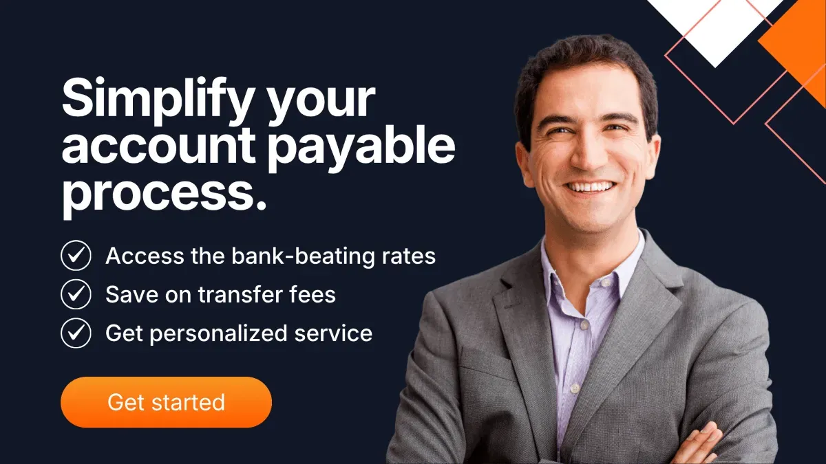 Smiling business professional promoting simplified account payable process with get started button.