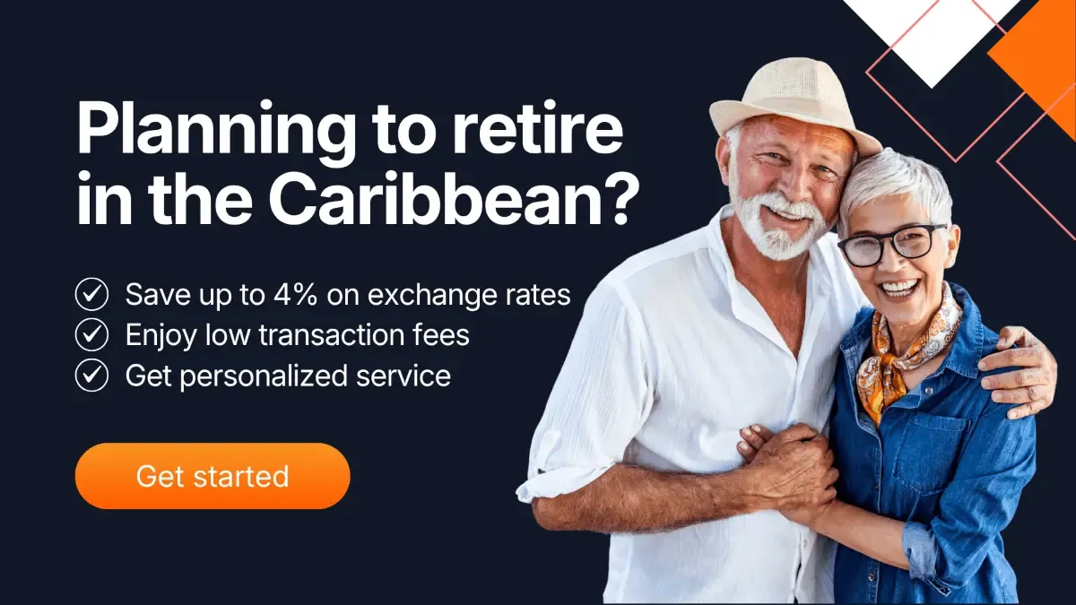 Smiling senior Canadian couple planning to retire in the Caribbean with MTFX, showcasing benefits like saving up to 4% on exchange rates, low fees, and personalized service.