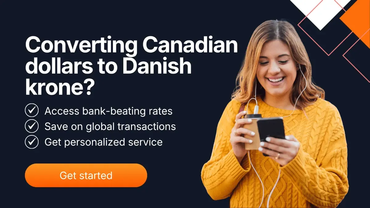 Promotional banner showing a smiling woman using her phone, highlighting MTFX’s benefits for converting Canadian dollars to Danish krone.