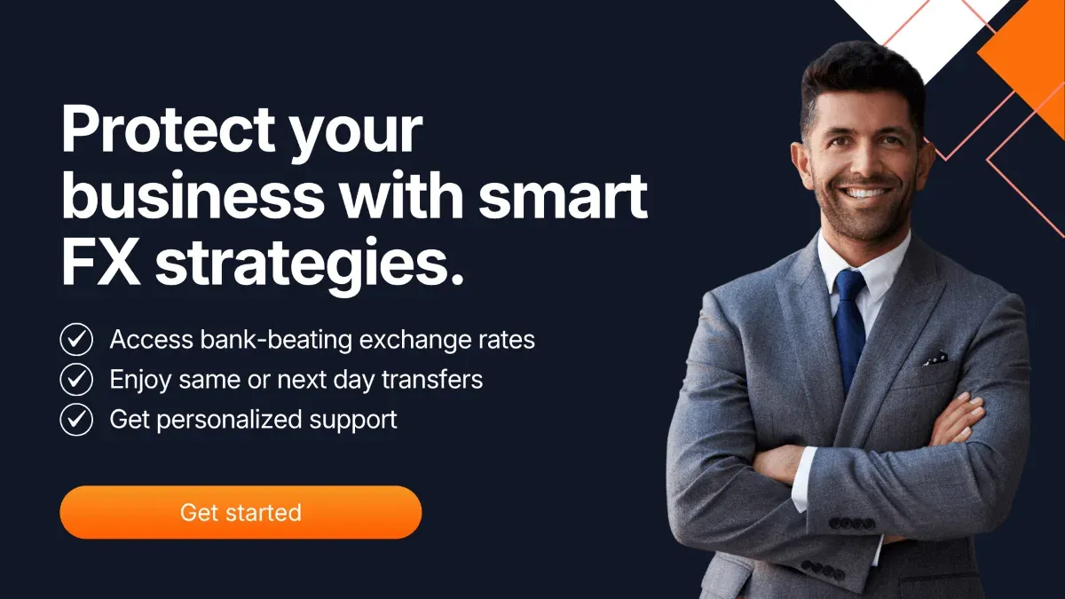 Banner with confident businessman in grey suit smiling beside text that promotes smart FX strategies. Includes callouts for MTFX benefits.
