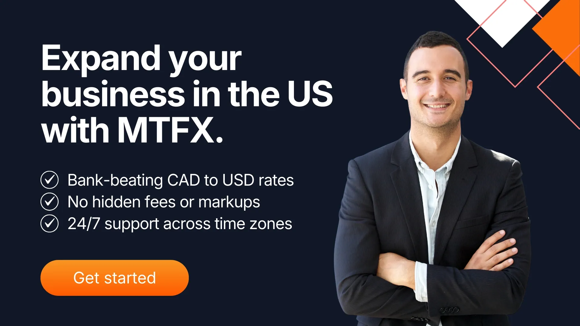 Banner promoting US business expansion with MTFX, showing a smiling professional and key service benefits.