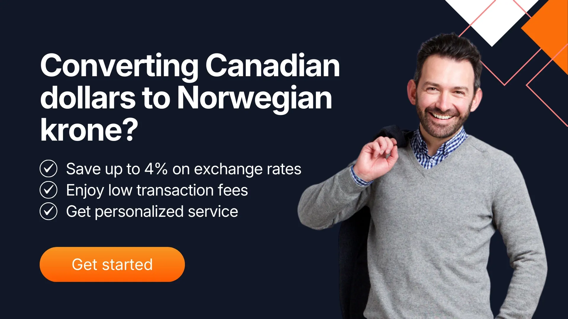 Banner promoting CAD to NOK currency conversion with MTFX, featuring a smiling man and benefits like better rates, low fees, and personalized service.