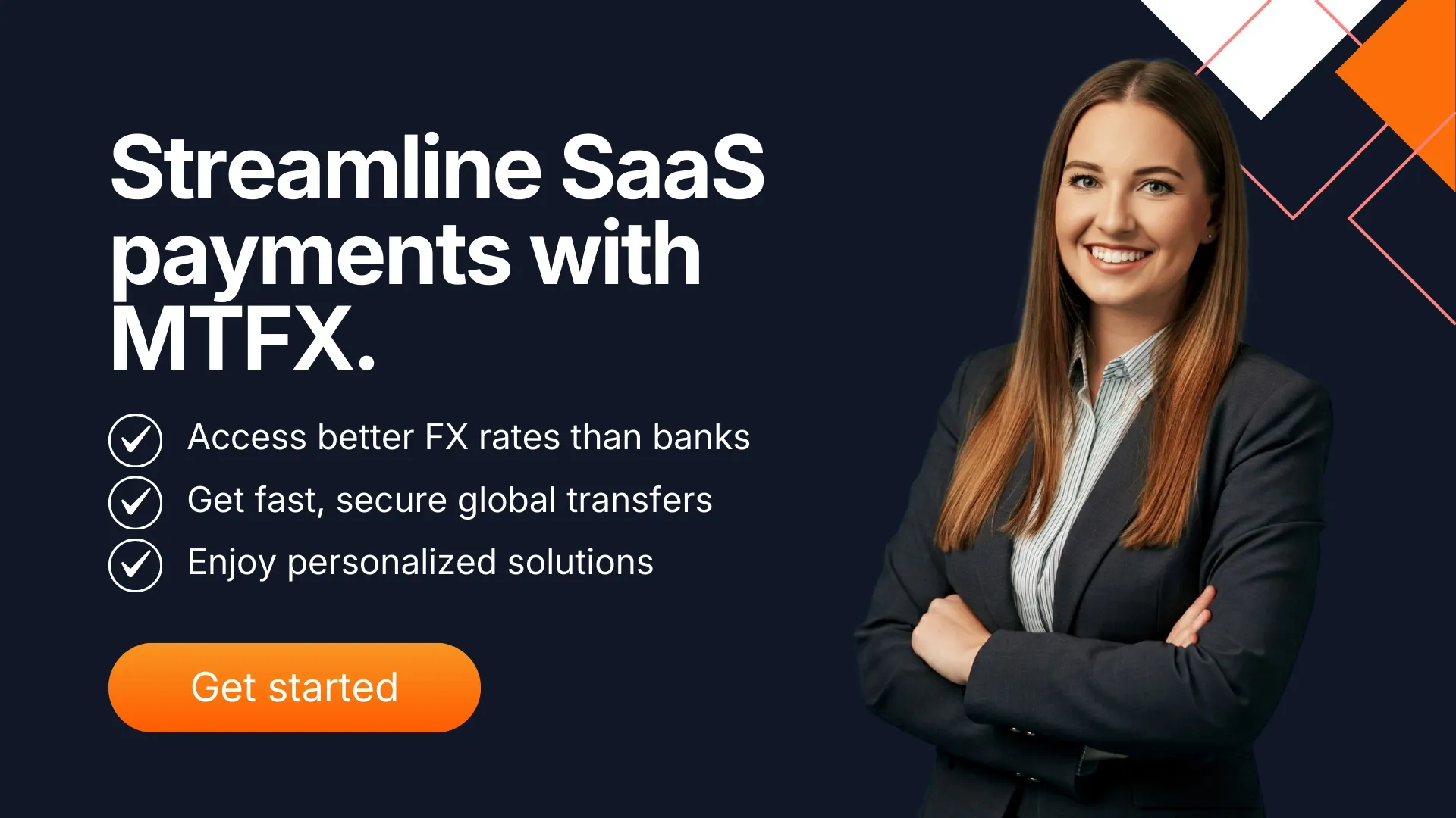 A professional business banner featuring a smiling woman in a blazer, modern geometric design elements and a prominent call-to-action button.