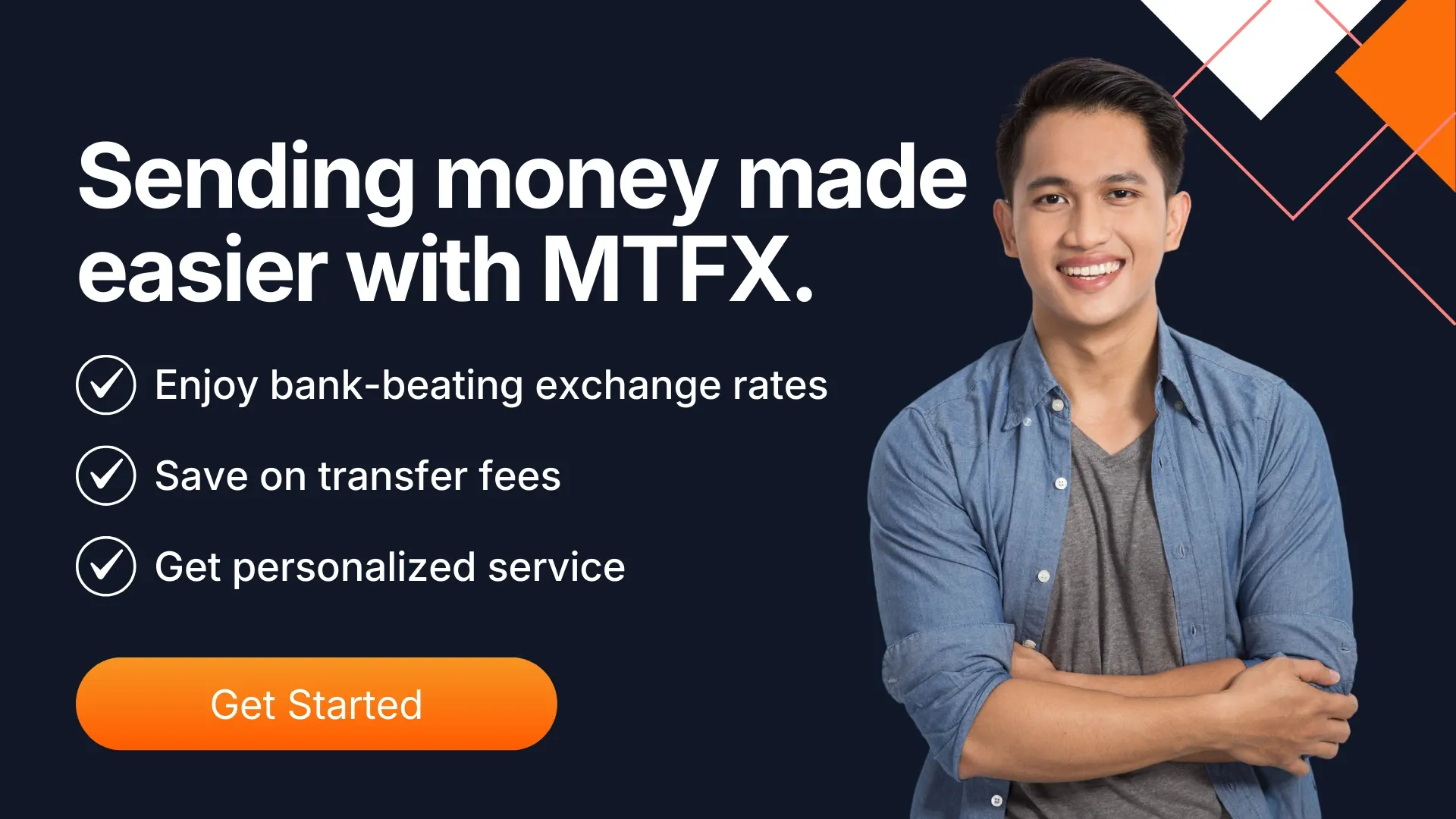 MTFX promotional banner featuring a smiling person with folded arms and text highlighting benefits such as bank-beating exchange rates, low transfer fees, and personalized service, with an orange button.