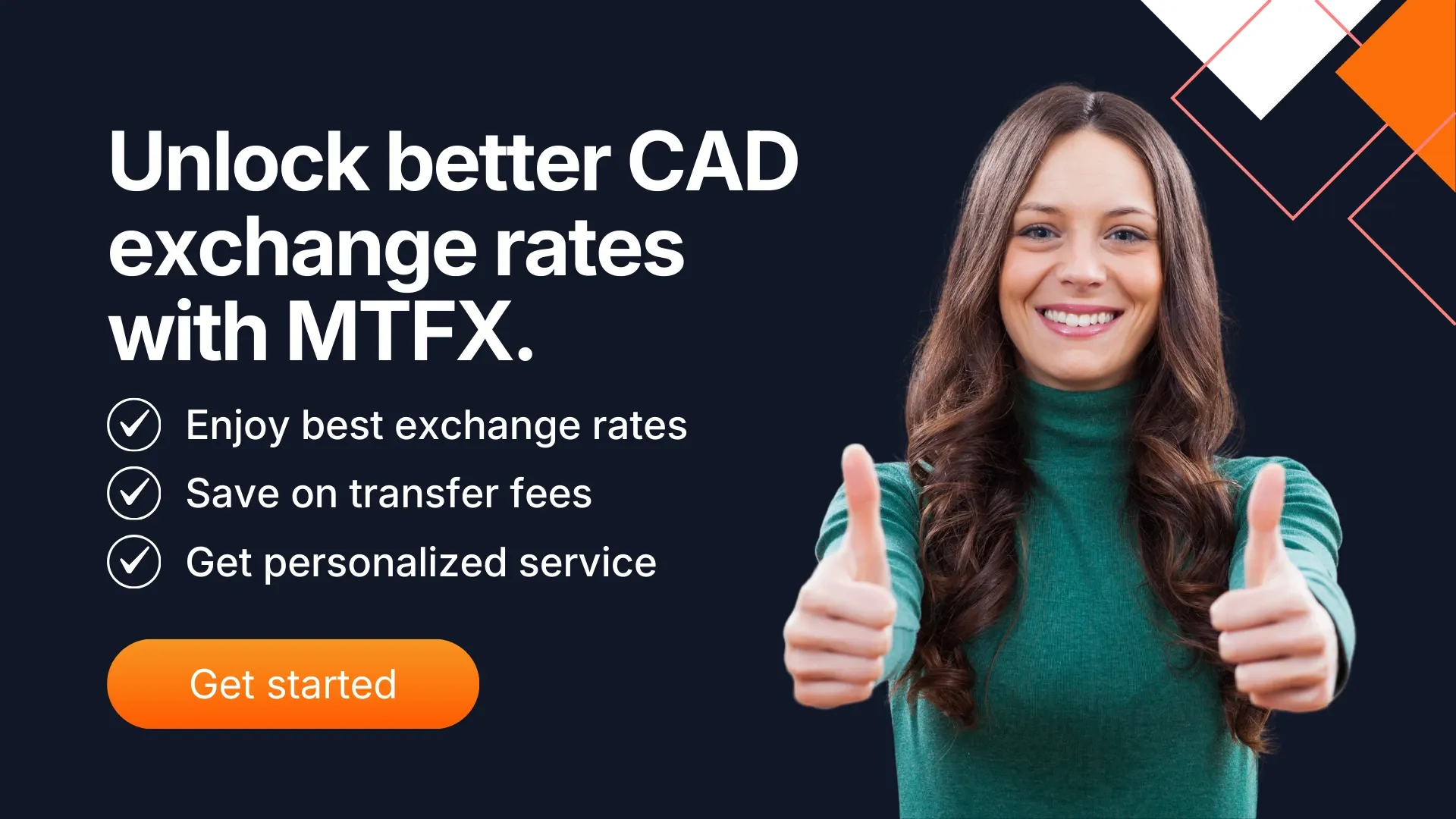 Promotional banner featuring a smiling woman giving two thumbs up beside the text highlighting benefits of choosing MTFX, such as best exchange rates with a button.