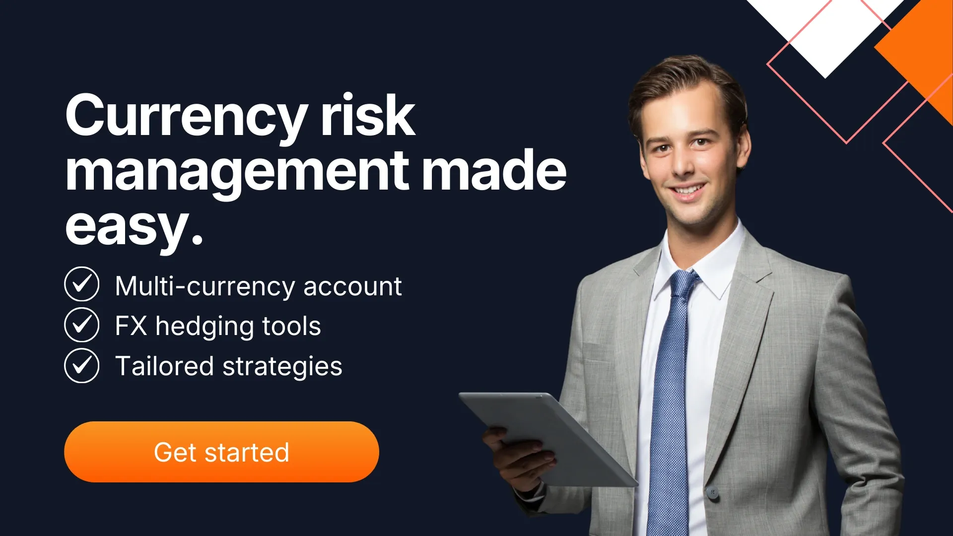 A professional man in a grey suit holding a tablet stands beside text promoting MTFX services with checkmarks for multi-currency accounts, FX hedging tools, and tailored strategies, plus a button.