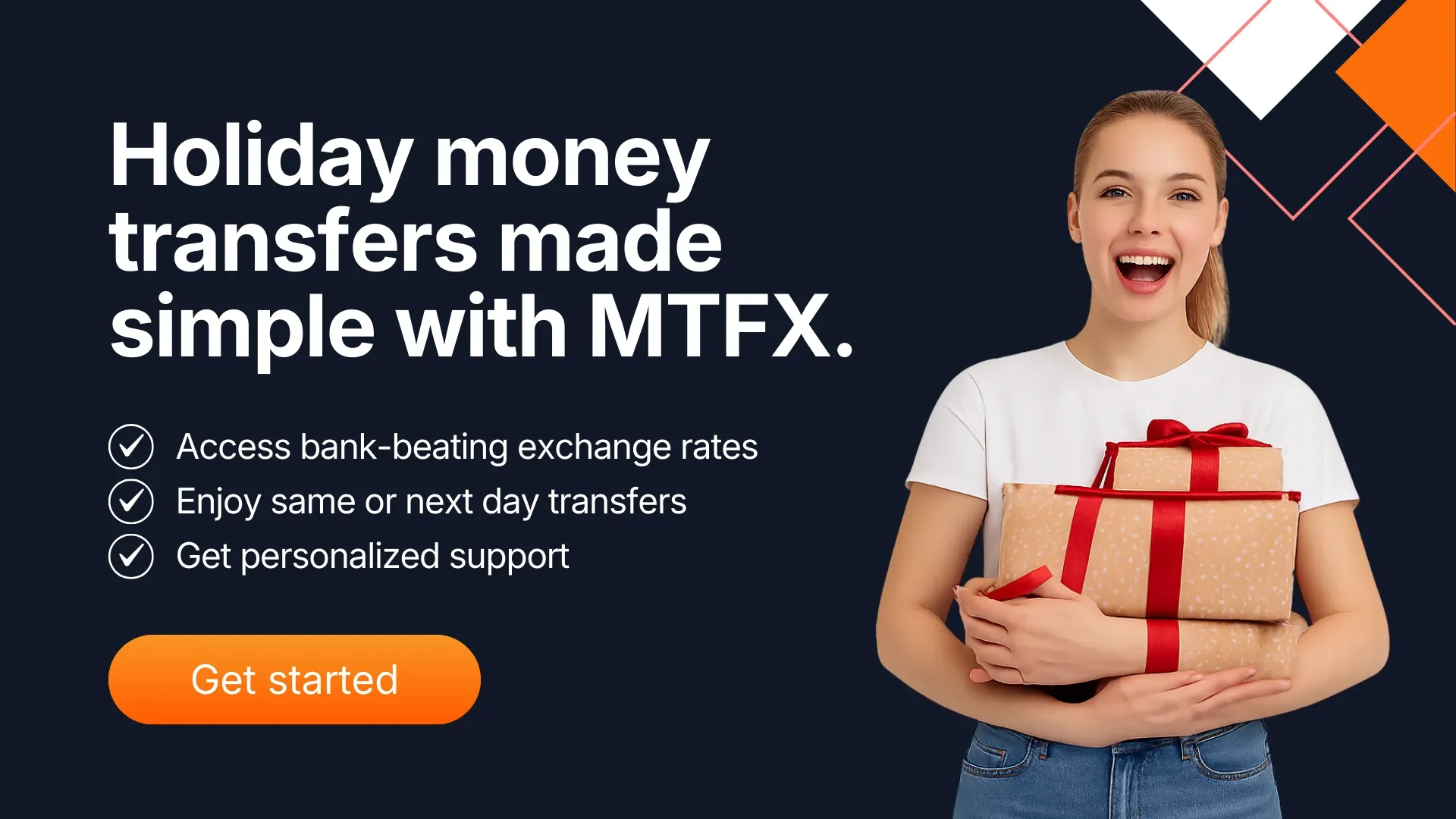 Holiday-themed banner showing a smiling woman holding a gift, promoting simple holiday money transfers with MTFX, fast delivery, and competitive exchange rates.