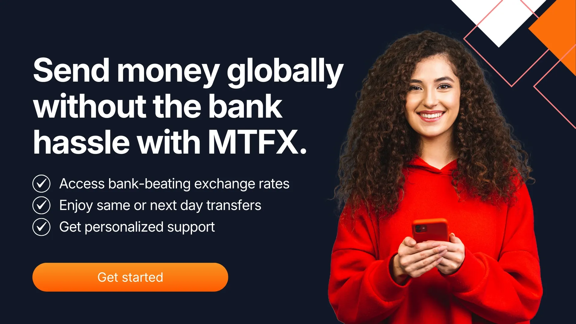 MTFX promotional banner showing an individual using a smartphone to send money globally without bank hassle, featuring fast transfers and better exchange rates.