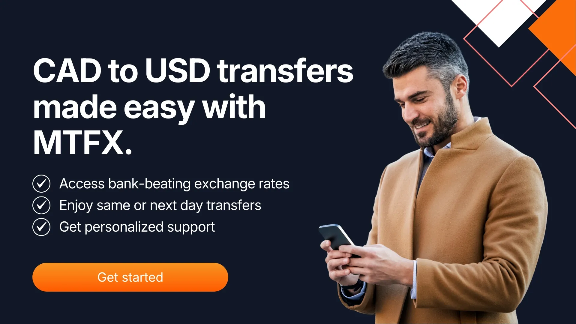MTFX promotional banner showing an individual using a smartphone for fast and easy CAD to USD money transfers with bank-beating exchange rates.