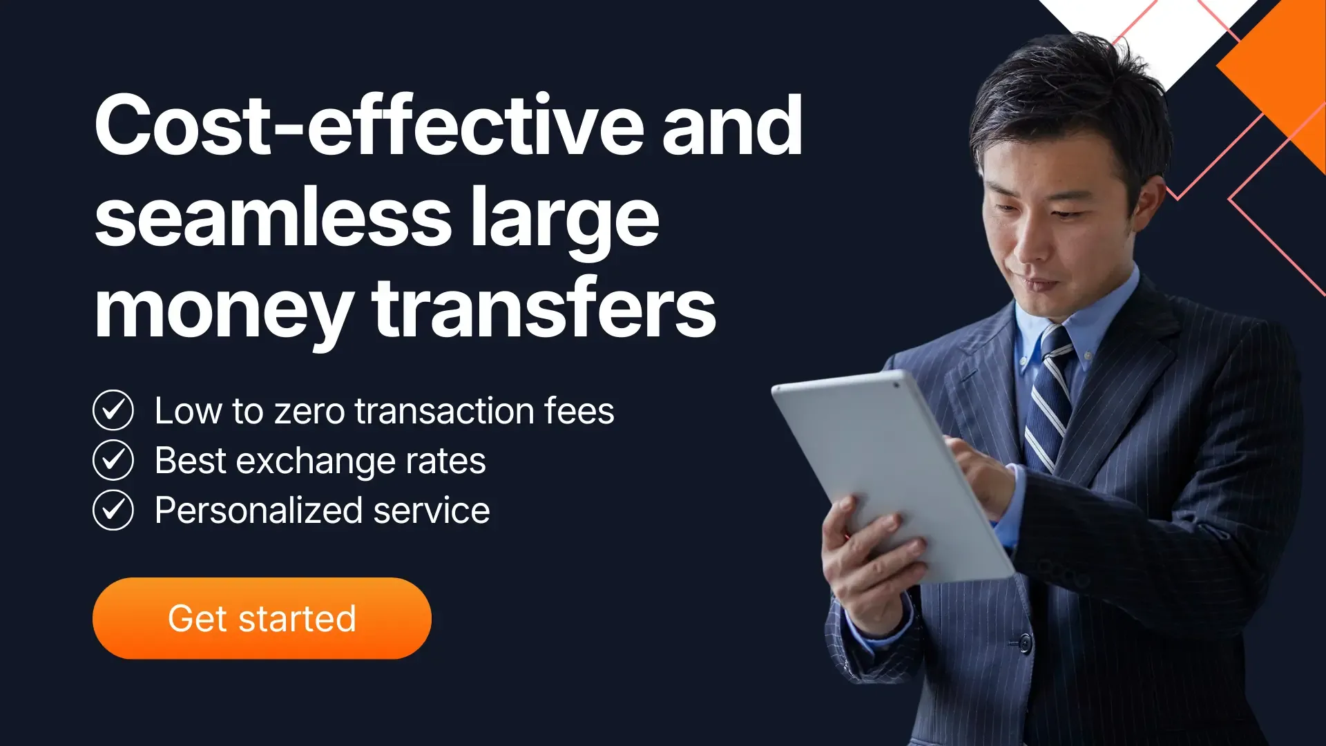 Business professional reviewing large international money transfers on a tablet, highlighting cost-effective foreign exchange, low fees, and personalised service.