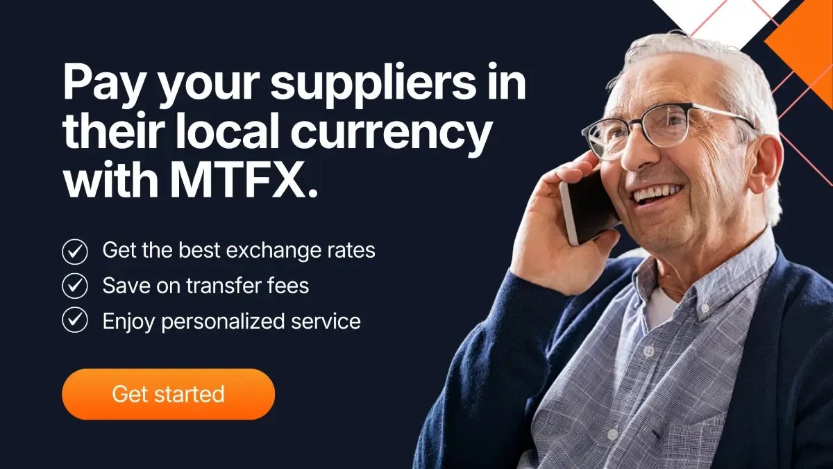 Business owner speaking on the phone beside text promoting paying suppliers in their local currency with MTFX, highlighting competitive exchange rates, lower transfer fees, and personalized service.