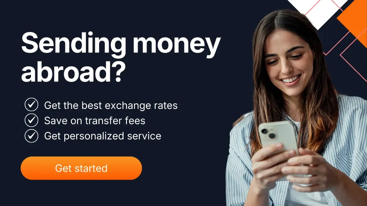 Smiling woman using a smartphone beside a dark promotional layout illustrating international money transfers with a call-to-action button and service highlights