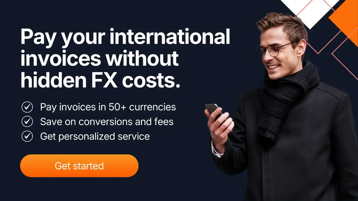 MTFX promotional banner showing a business professional and messaging about paying international invoices without hidden foreign exchange costs.