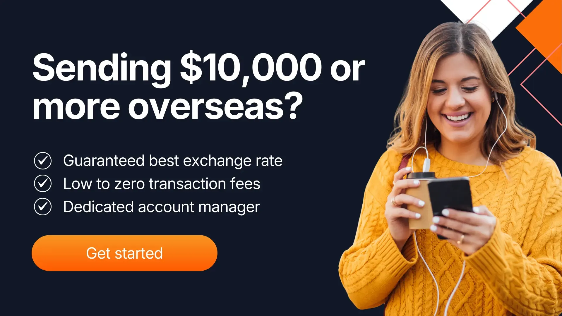 Banner promoting large international money transfers over $10,000 with guaranteed exchange rates, low fees, and dedicated account support from MTFX.