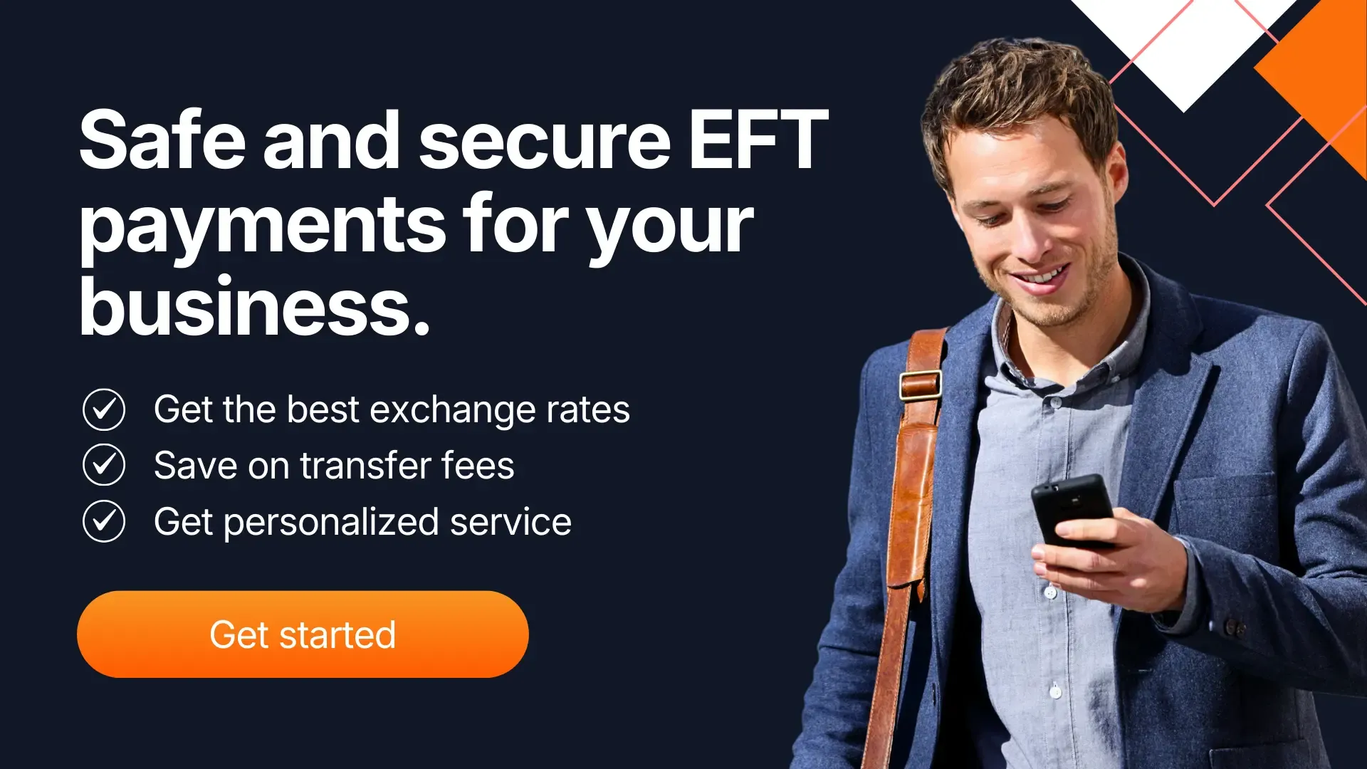 CTA banner promoting safe and secure EFT payments for businesses with competitive exchange rates, lower transfer fees, and personalized support from MTFX.