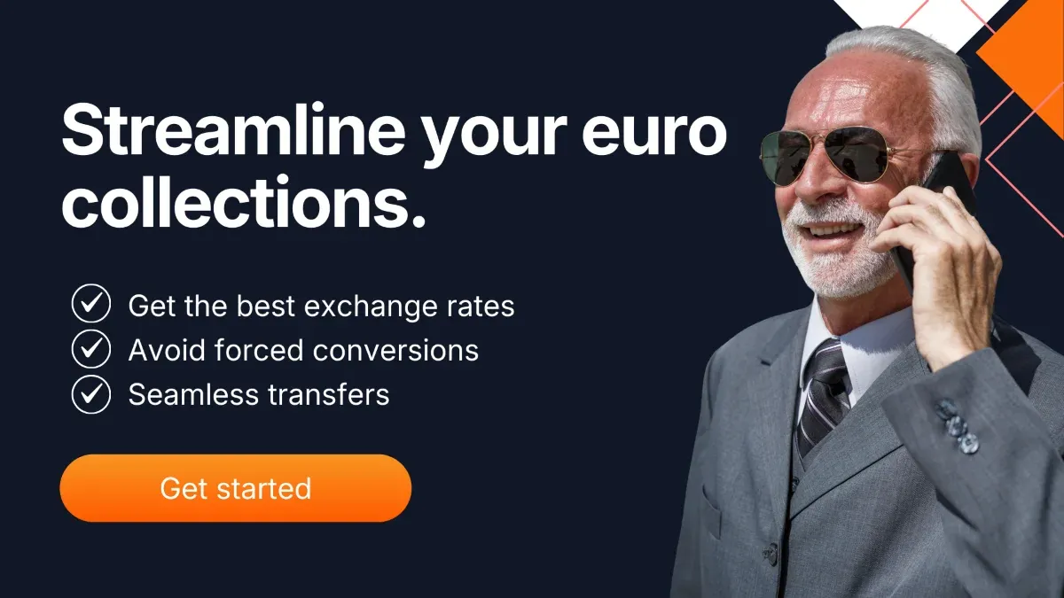 Business professional on phone promoting streamlined euro collections with competitive exchange rates and seamless transfers