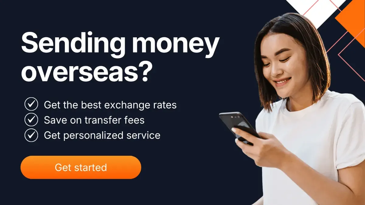 Woman smiling while using smartphone beside “Sending money overseas?” headline with exchange rate and fee savings benefits on dark blue background.