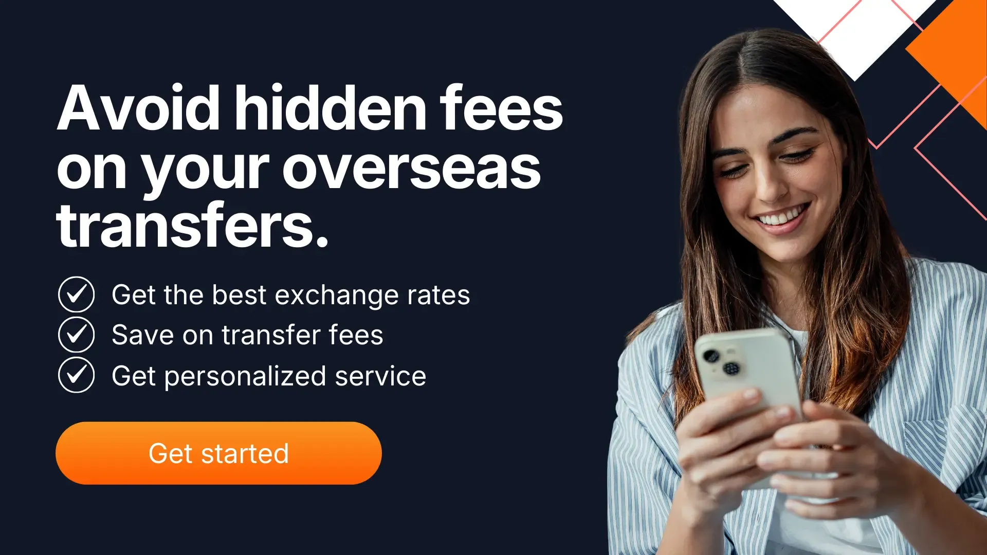 Woman using smartphone to make overseas money transfer with competitive exchange rates and no hidden fees.