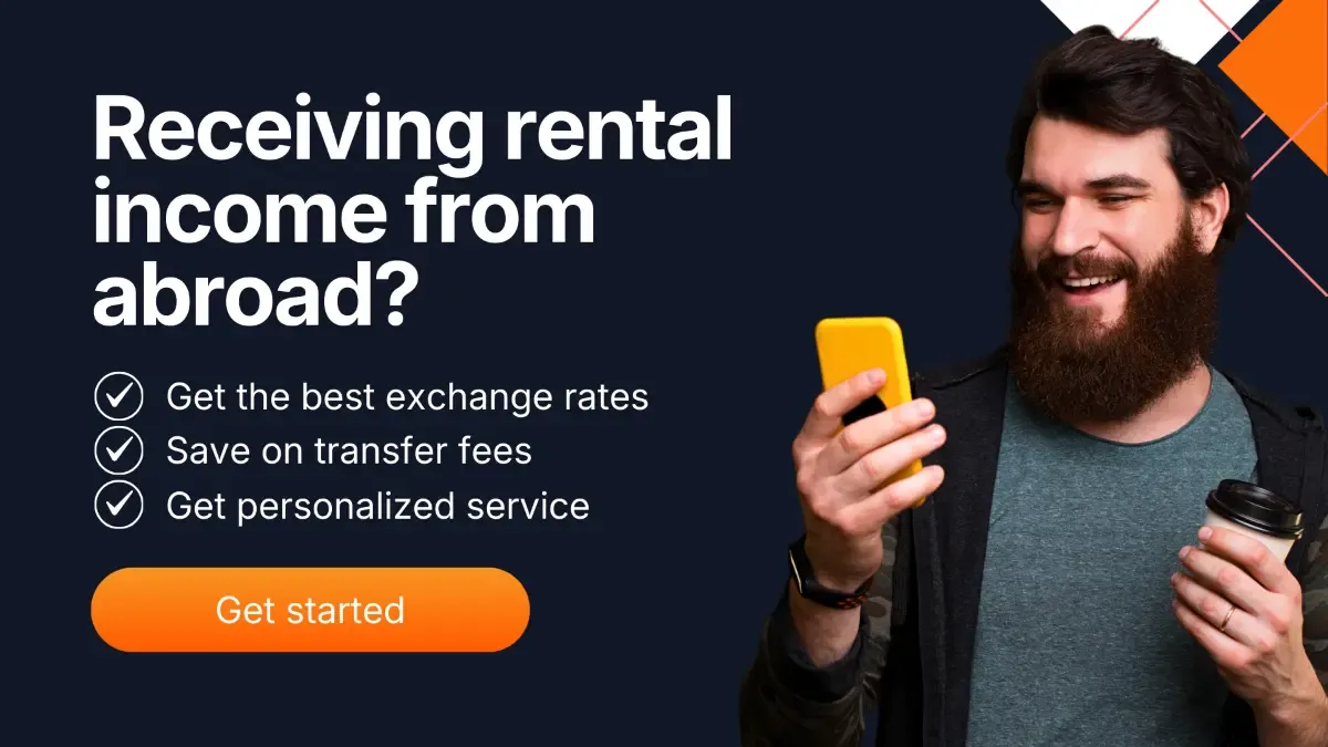 Man checking smartphone while receiving rental income from abroad with message highlighting better exchange rates and lower transfer fees.