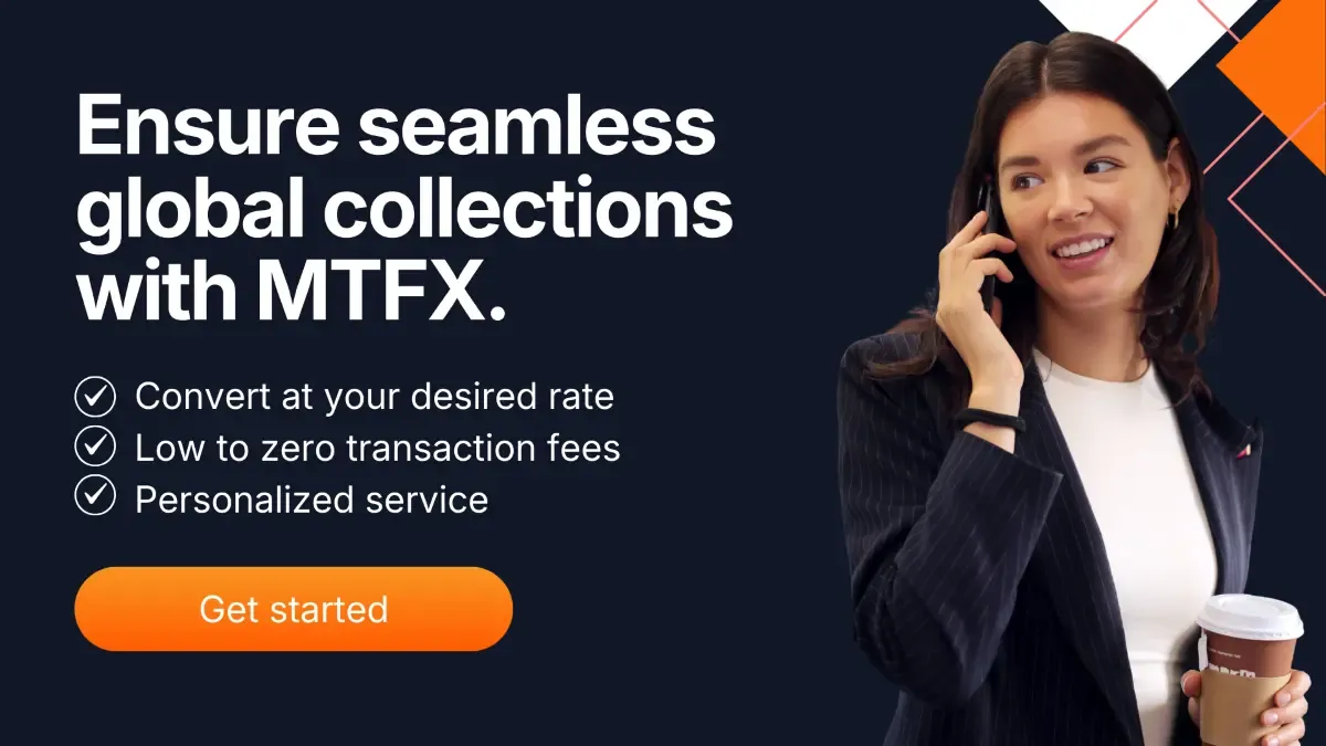 Business professional using mobile phone representing seamless global collections with MTFX and low-fee international payment solutions.