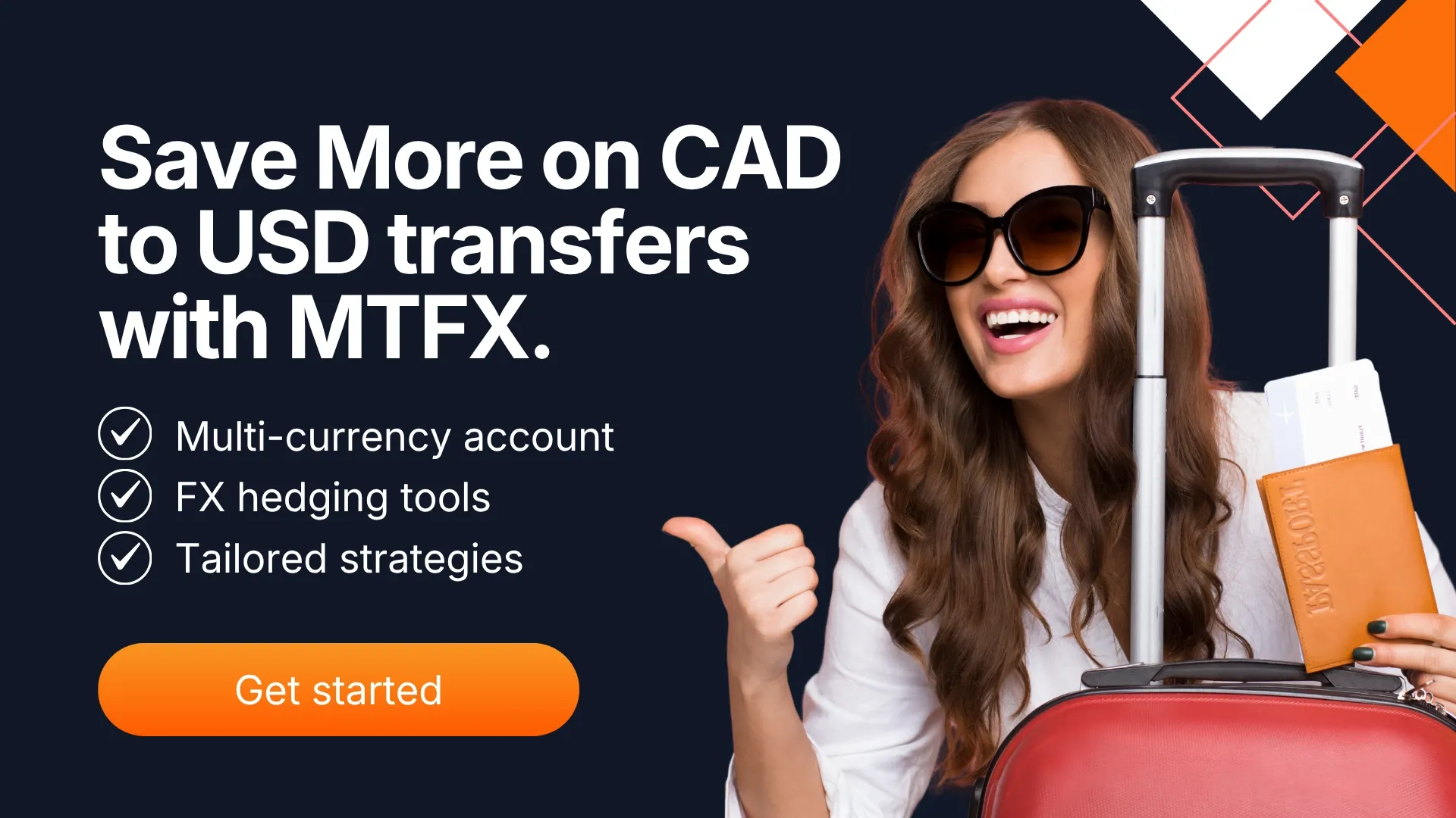 Woman with suitcase and passport smiling, promoting saving more on CAD to USD transfers with MTFX for travel and snowbird spending.