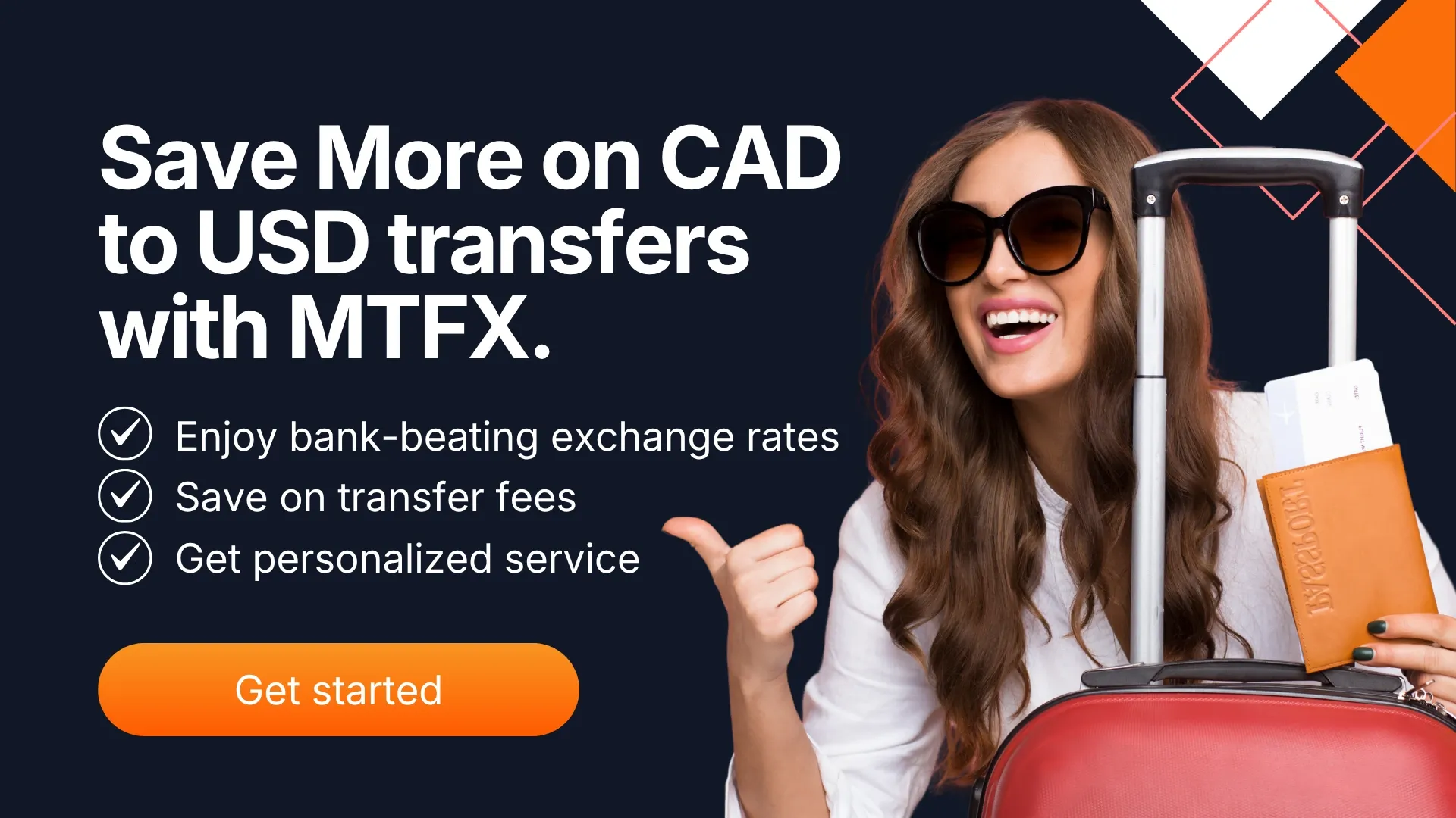 Woman with suitcase and passport smiling, promoting saving more on CAD to USD transfers with MTFX for travel and snowbird spending.
