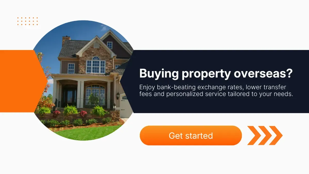 Buying property overseas illustration with residential home and MTFX message highlighting lower transfer fees and better exchange rates