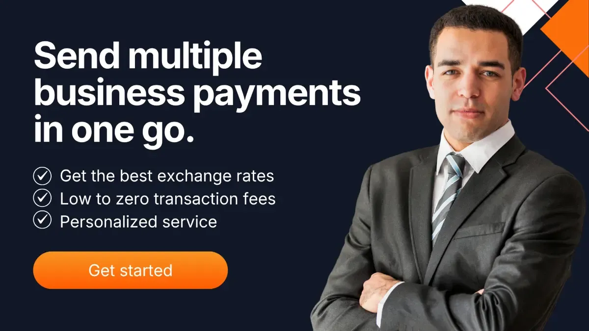 Business professional promoting bulk payments solution with benefits like low fees and personalized service and get started button