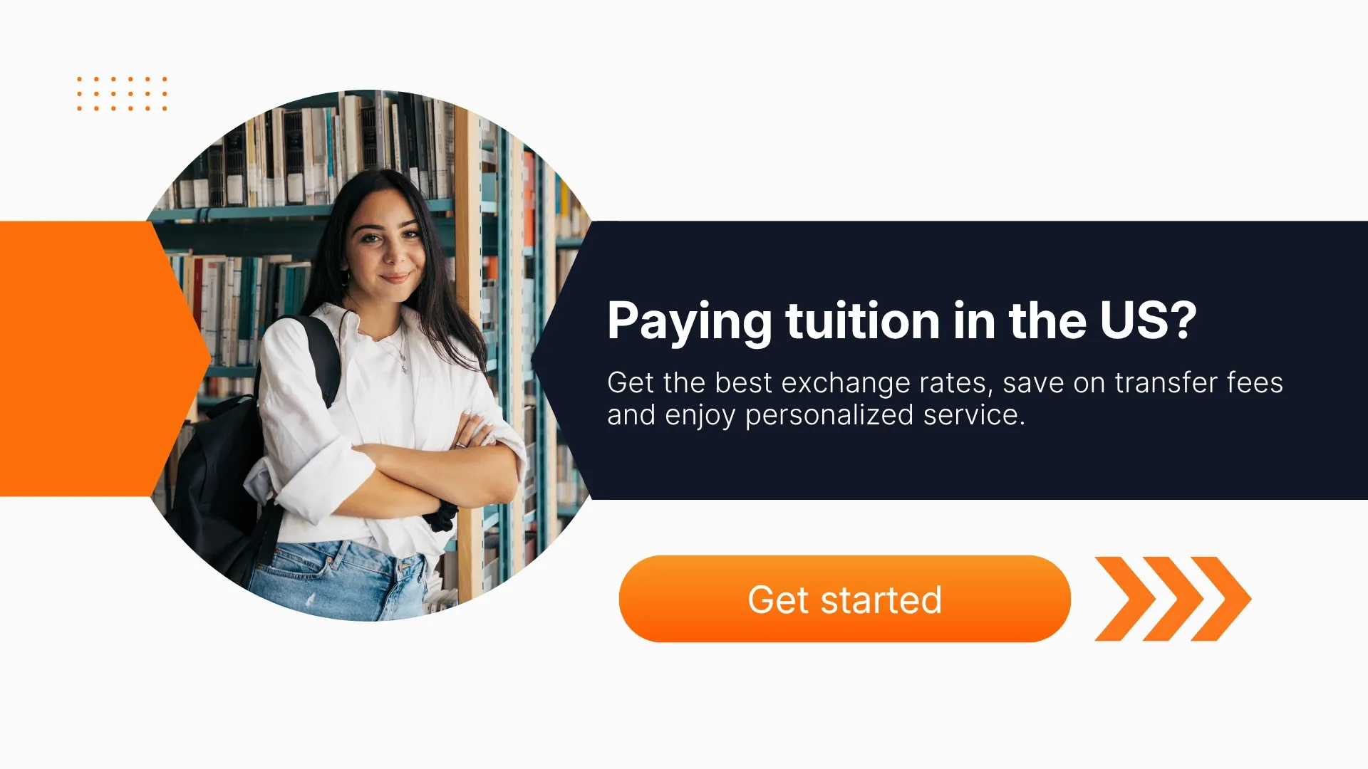 Student in library with MTFX banner promoting paying tuition in the US with better exchange rates and lower transfer fees.