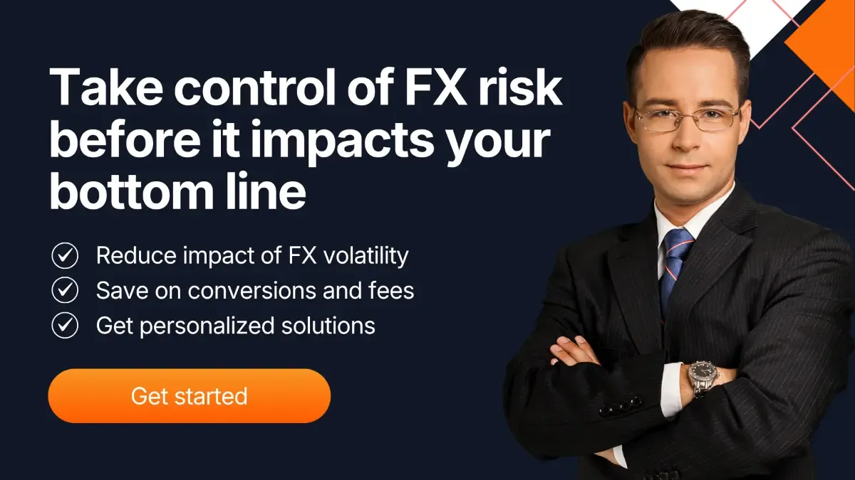 Business professional standing confidently beside text “Take control of FX risk before it impacts your bottom line” with benefits like reduced volatility, lower fees, and personalized FX solutions.