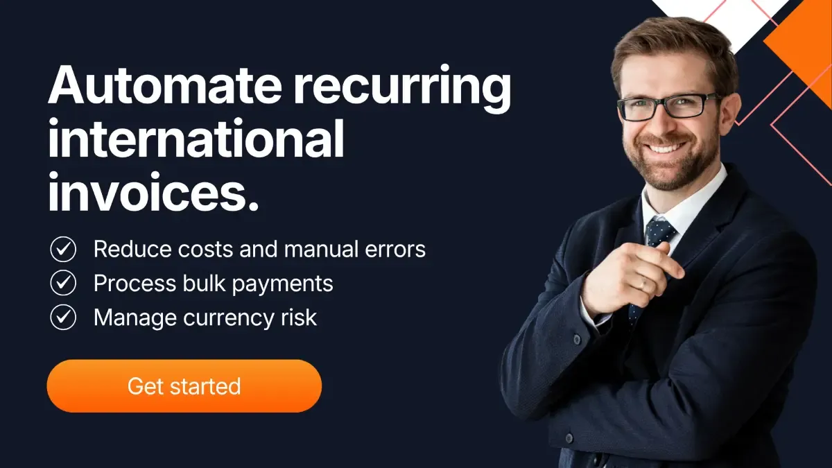 Business professional promoting automated recurring international invoice payments with benefits like reduced costs, bulk payments, and currency risk management