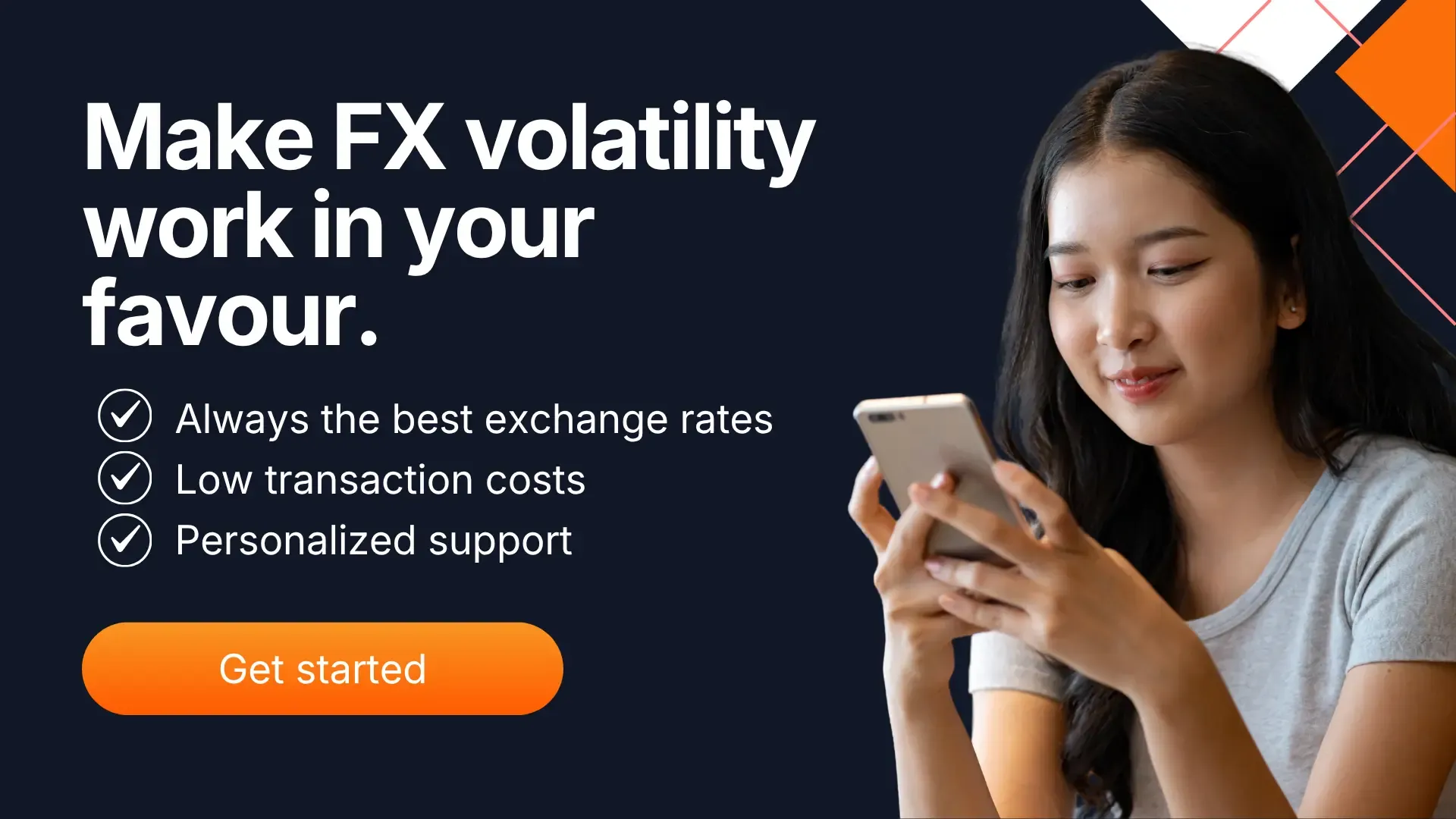 User checking exchange rates on a smartphone with messaging about managing FX volatility, low transaction costs, and personalized support for international payments