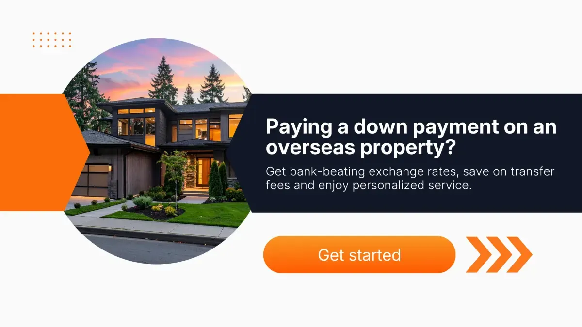 Banner promoting overseas property down payments with modern luxury home photo, orange call-to-action design, and message about bank-beating exchange rates and lower transfer fees.