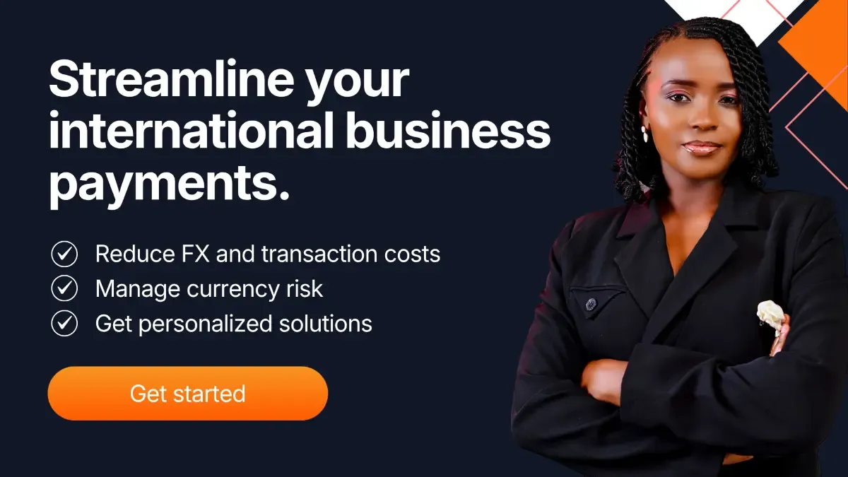 Business promotional banner showing a professional woman in a black blazer beside text about streamlining international business payments, with benefits listed and an orange get started button.