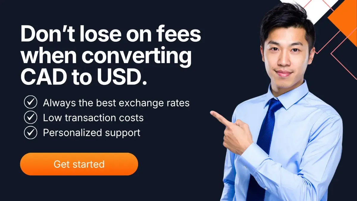 MTFX promotional banner showing a professional businessman pointing to text about saving on CAD to USD conversion fees with exchange rate benefits and get started button.