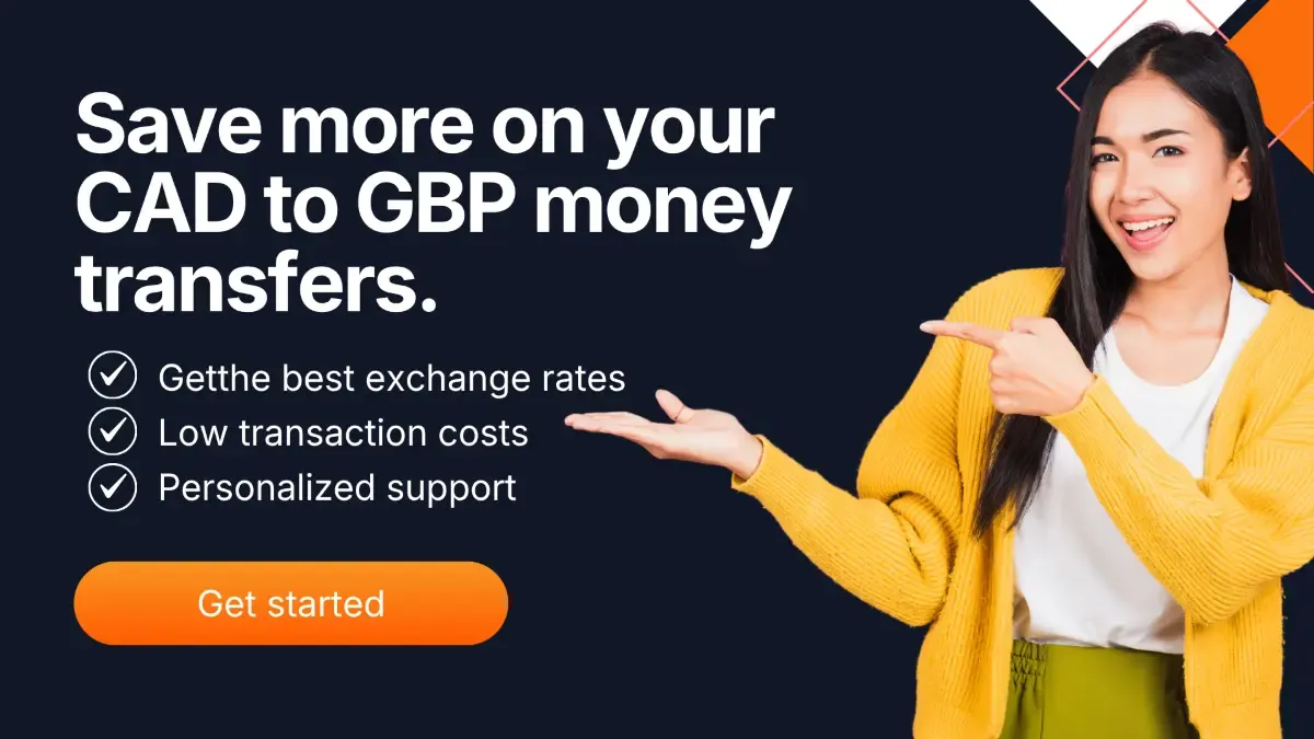 MTFX promotional banner showing woman pointing to CAD to GBP transfer savings message with benefits, low costs, personalized support, and get started button.